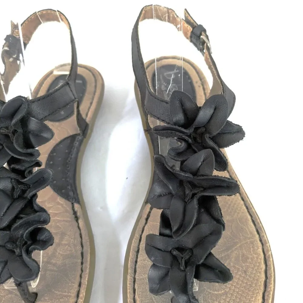 B.O.C. Born Concepts 8M Black Leather Slingback Flat Thong Sandals Flower Flats - Picture 3 of 15